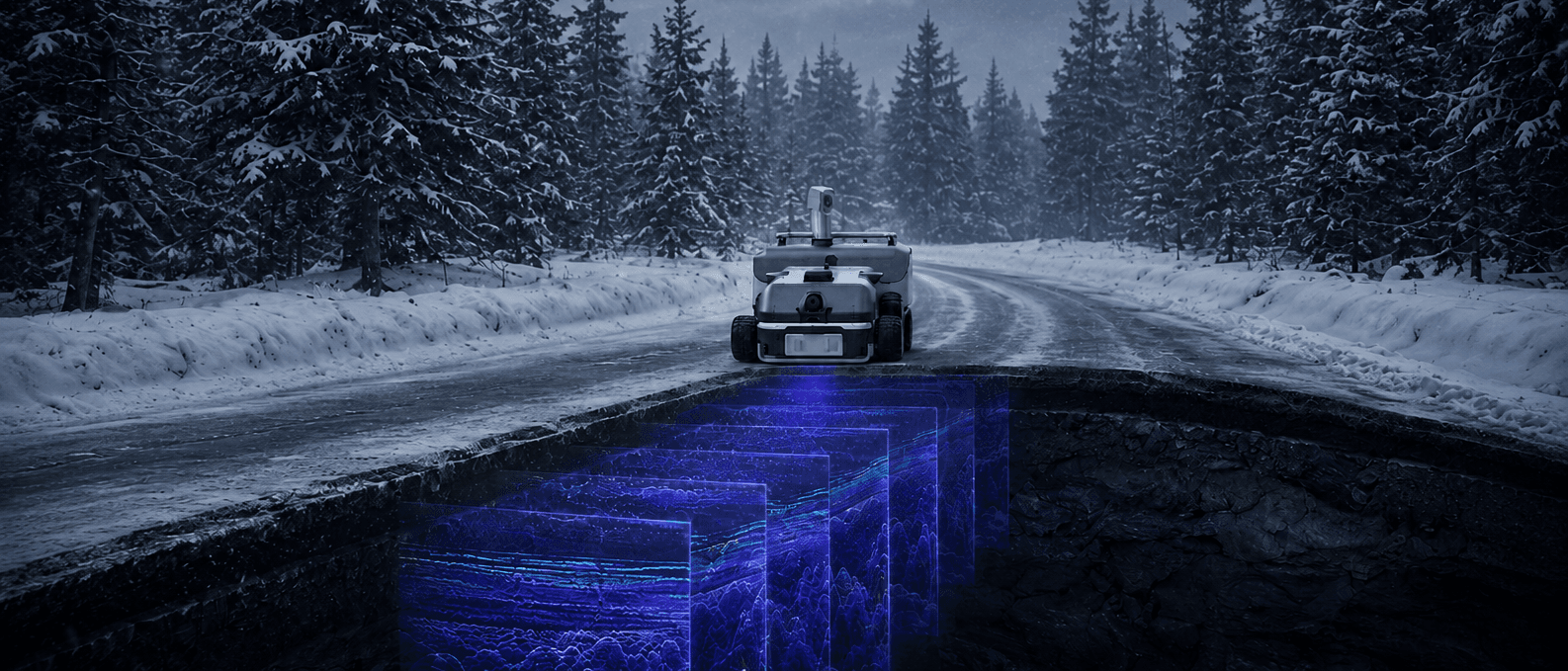 CHORE robot using Ground Penetrating Radar to map subsurface terrain on a snowy forest road