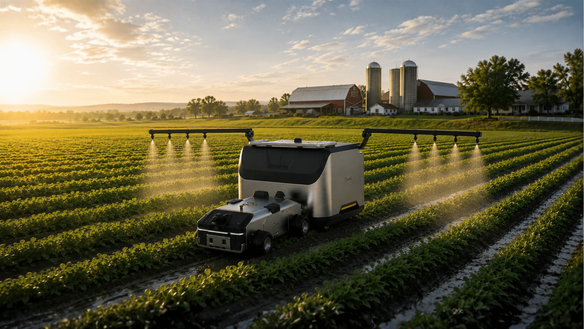 CHORE smart irrigation robot spraying crops in a farm field at sunrise