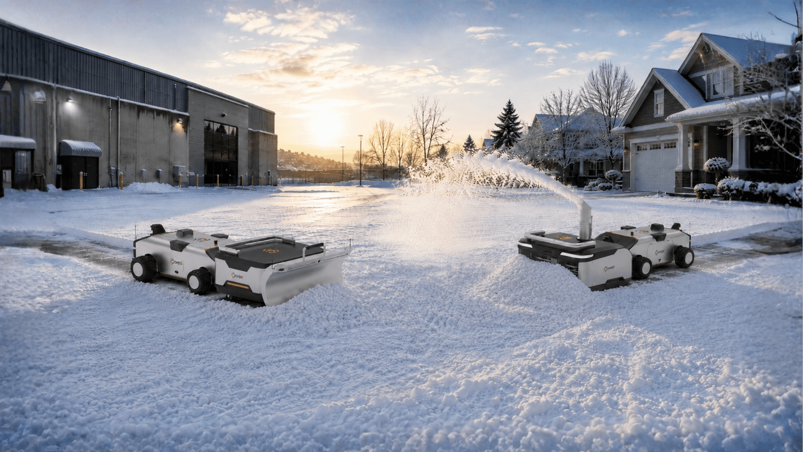 CHORE snow plow and snowblower clearing snow from driveways in winter