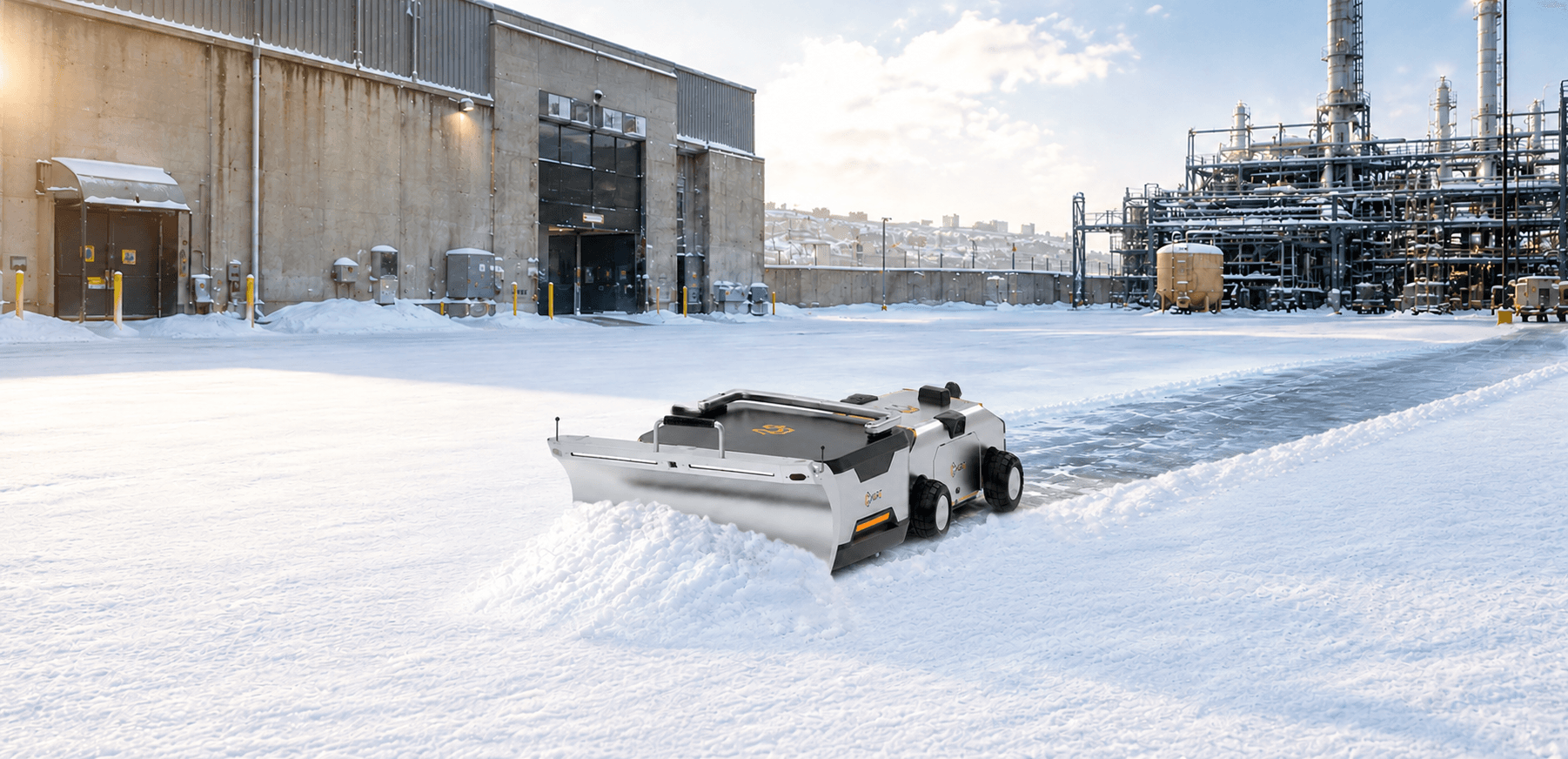 CHORE snow plow robot clearing snow outside a warehouse