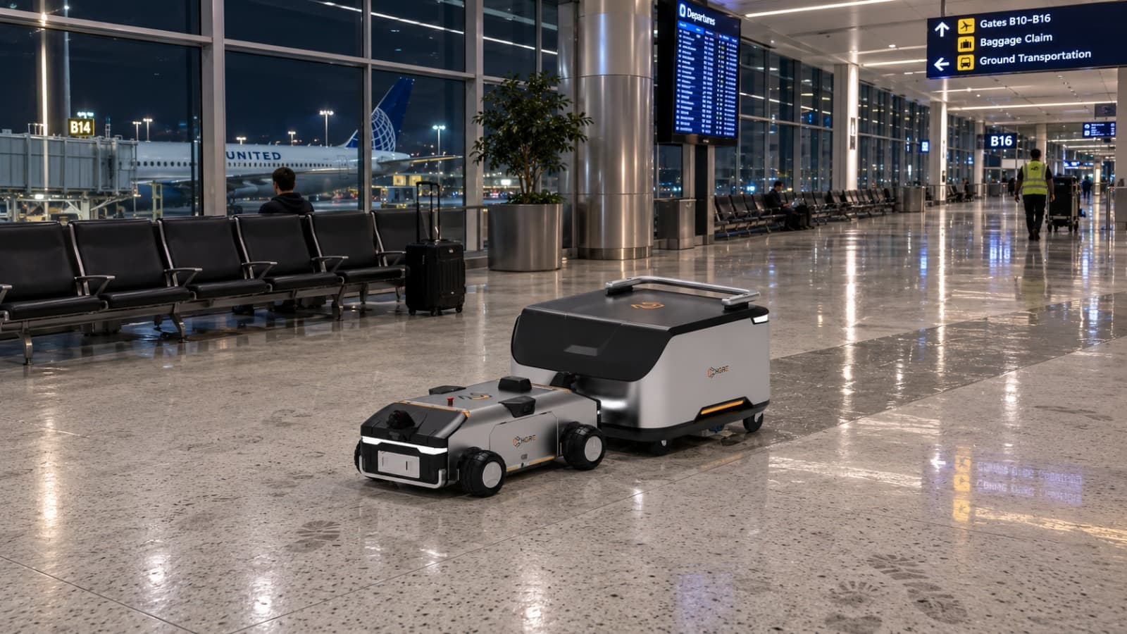 Chore Mopper cleaning floors inside an airport terminal