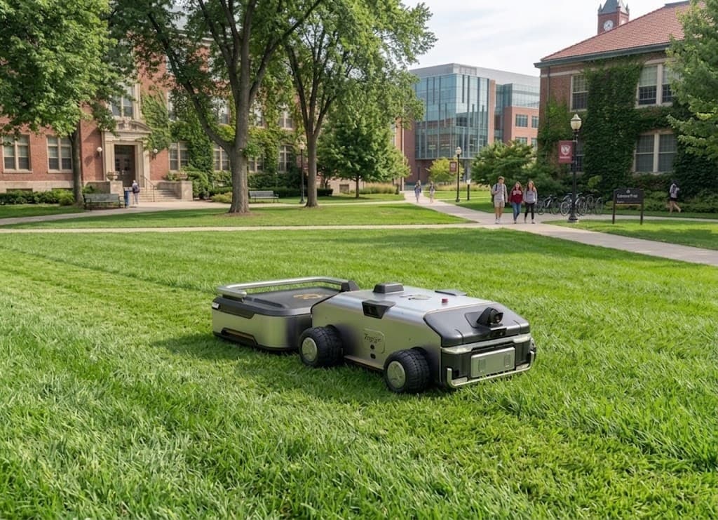 Chore Mower maintaining grass on a university campus lawn