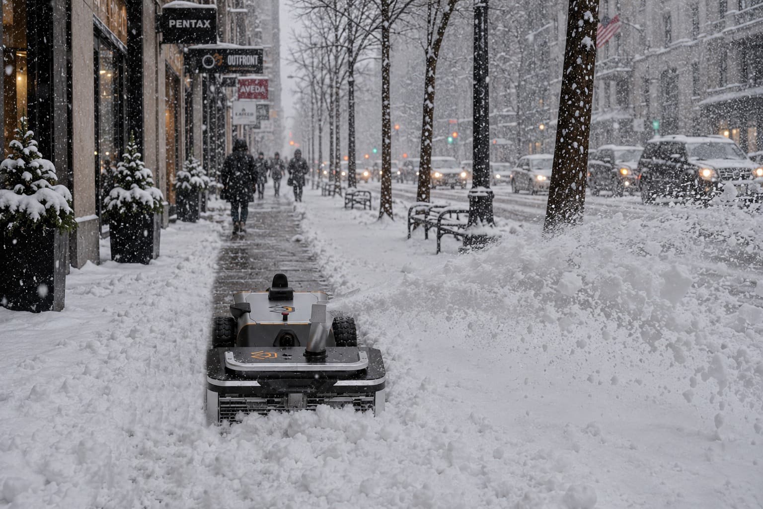Chore Blower clearing snow from a city sidewalk