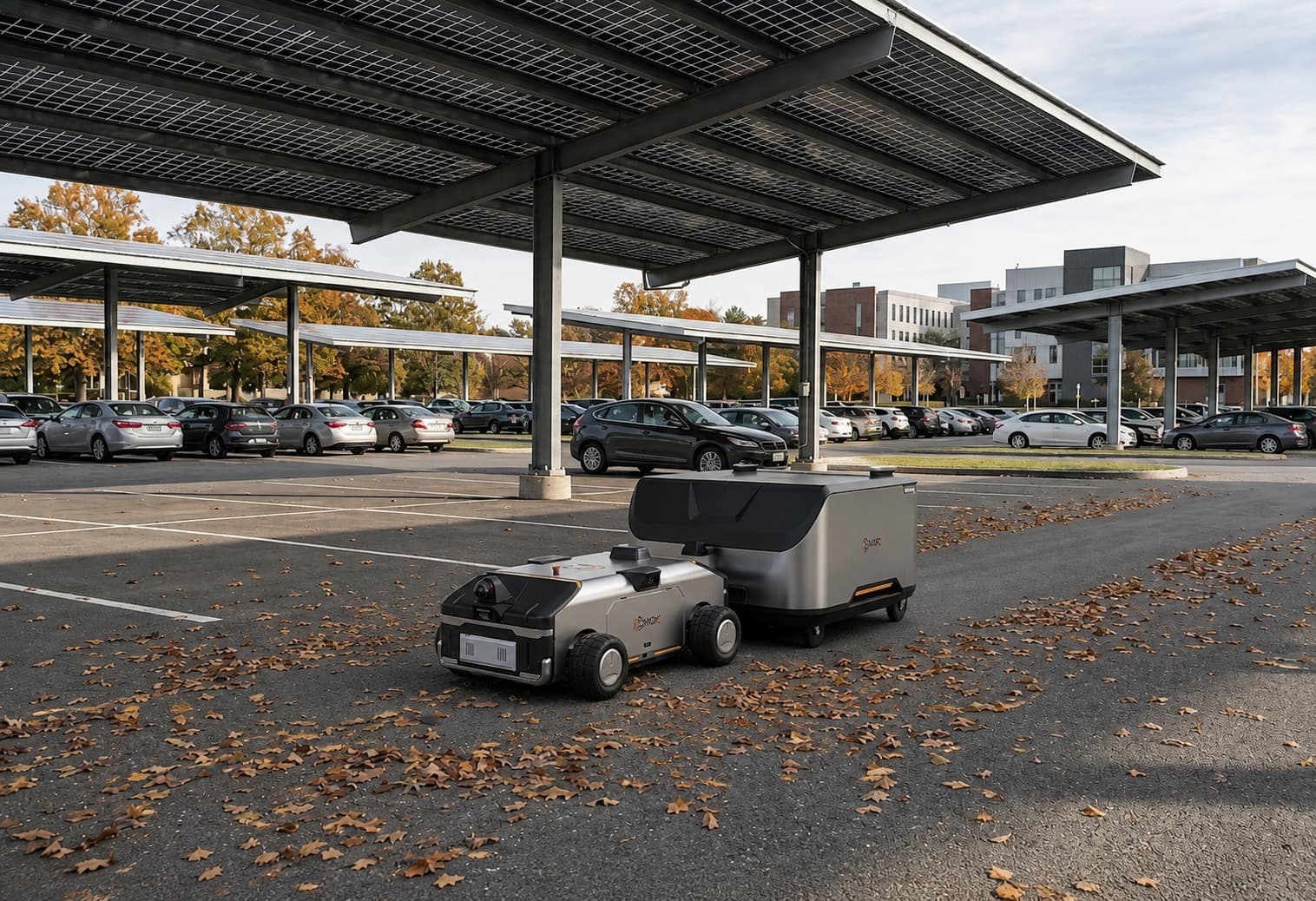 Chore Collector collecting leaves in a large parking facility
