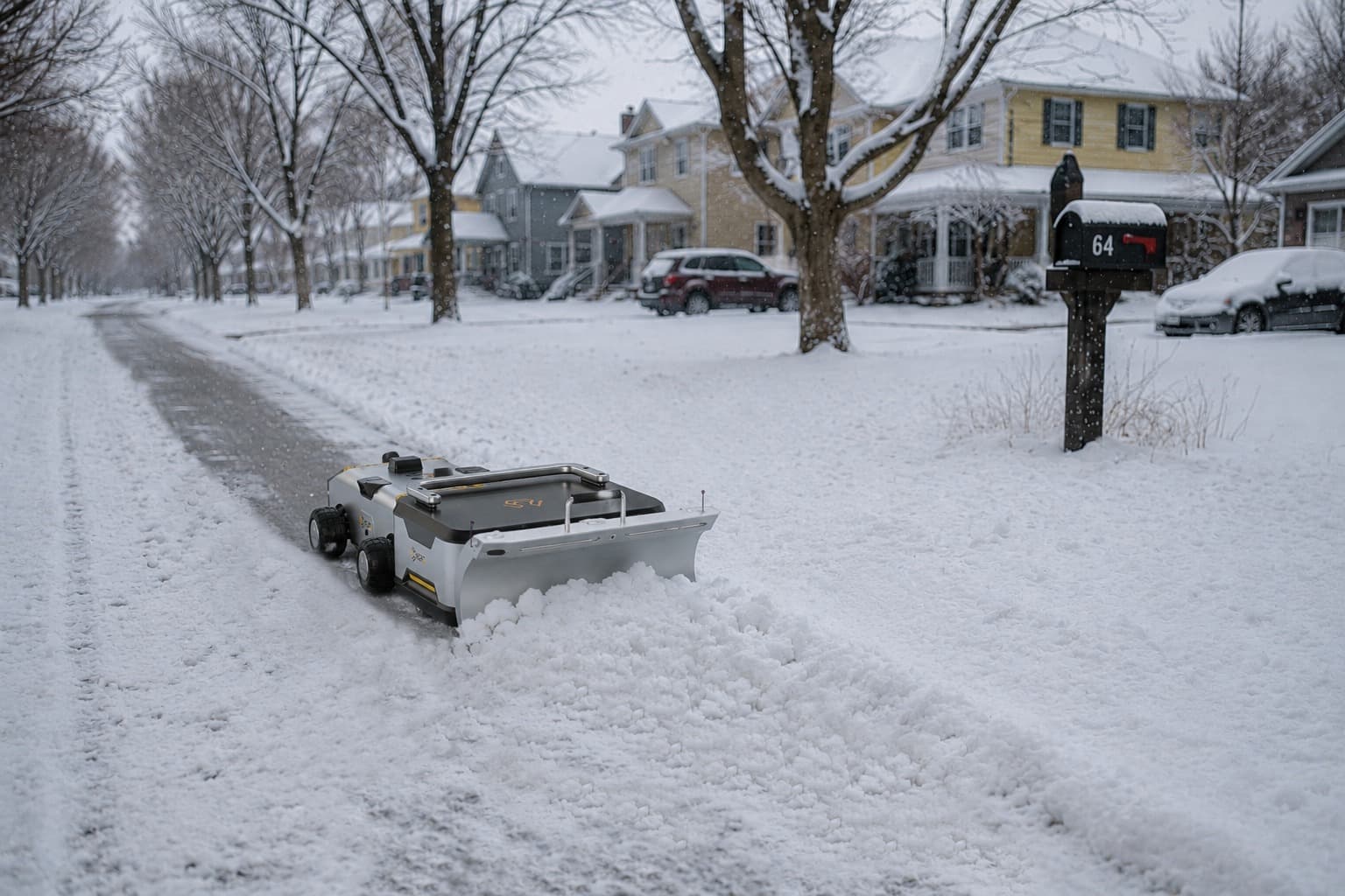 Chore Plow clearing snow in a residential neighborhood
